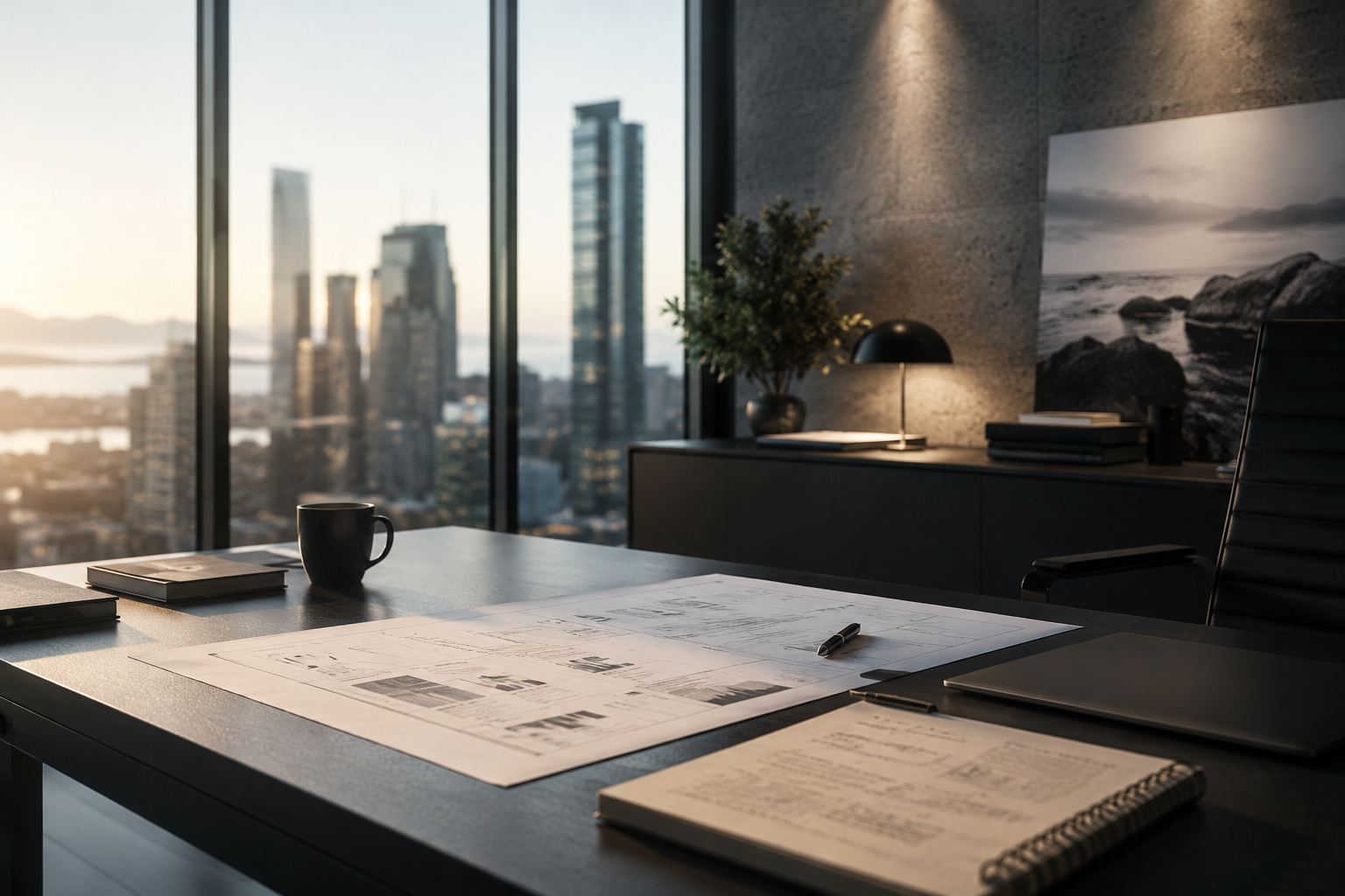 Premium strategic workspace with documents, planning materials, and modern architecture