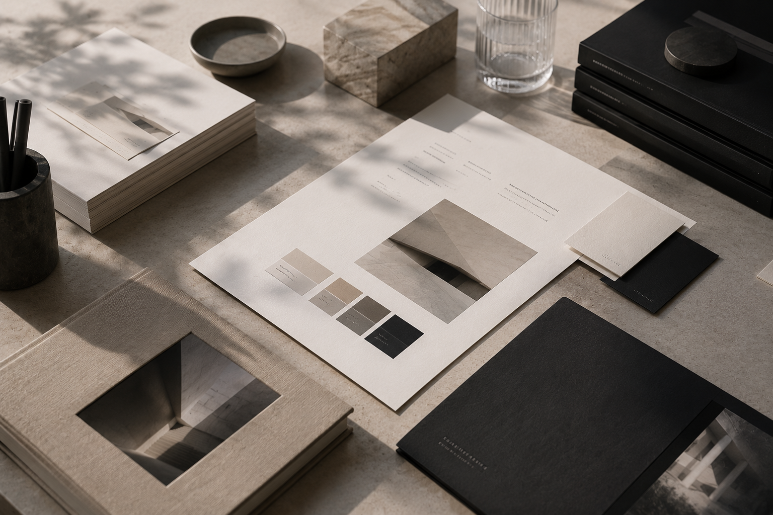 Premium graphic design workspace with refined brand materials
