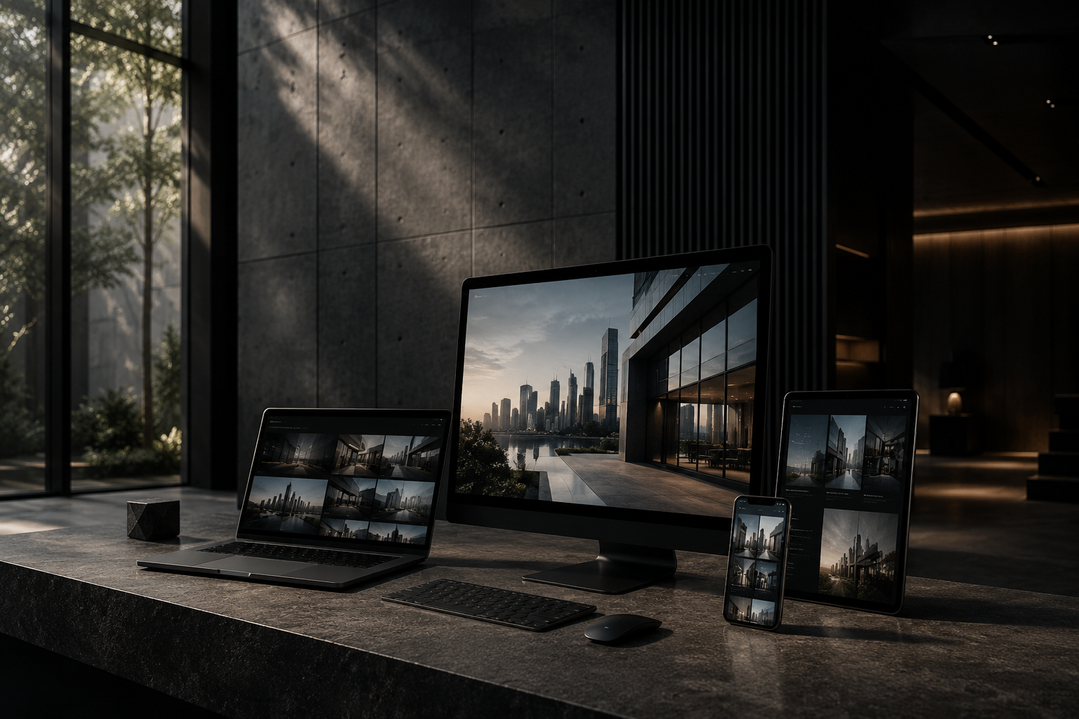Premium project studio environment showing digital work and organized materials